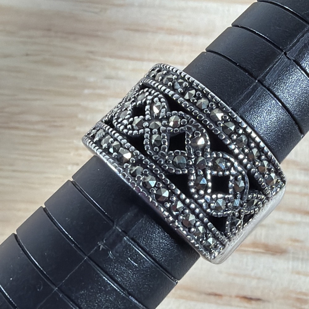 Stainless Steel Antiqued and Polished Marcasite Ring Size 9 Thick Band